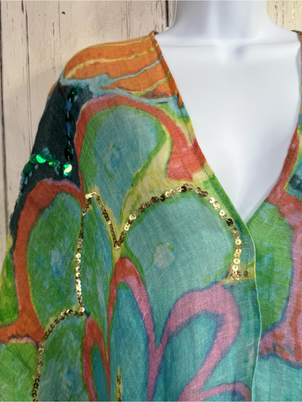 Chicos Multicolor Linen Sequin Embellished Kimono Cover Up Boho Art To Wear - Picture 2 of 9